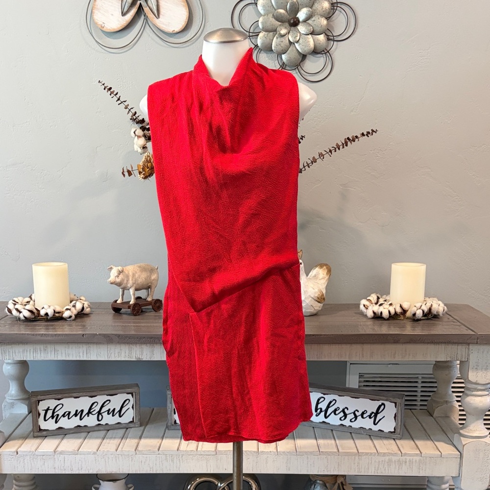 Helmut Lang Red Sleeveless Draped Cowl Dress